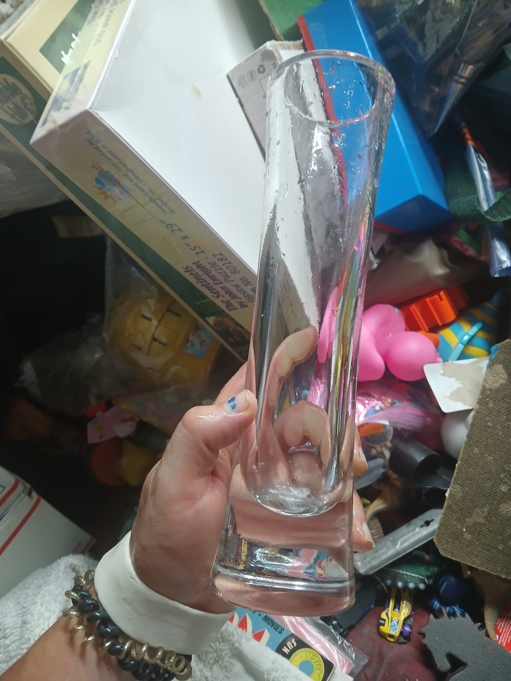 tall, clear glass vase flared rim and thick, weighted base. Vintage Perfect